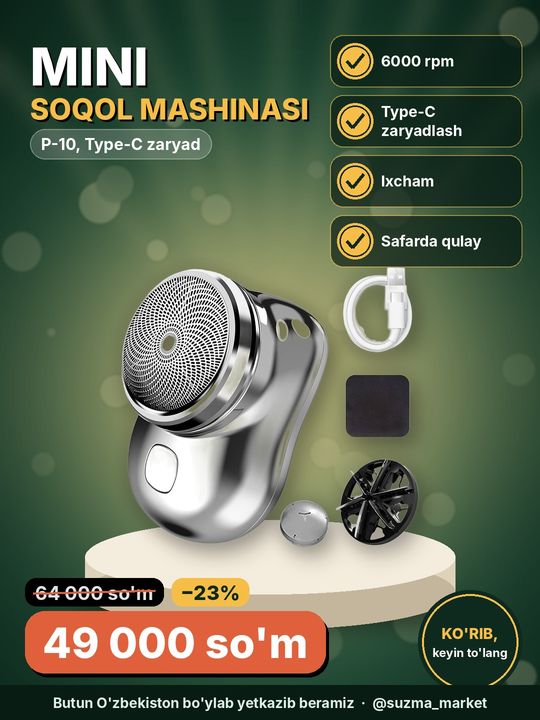 Elektr portativ mini soqol mashinasi P-10, Type-C zaryadlash, 6000 rpm