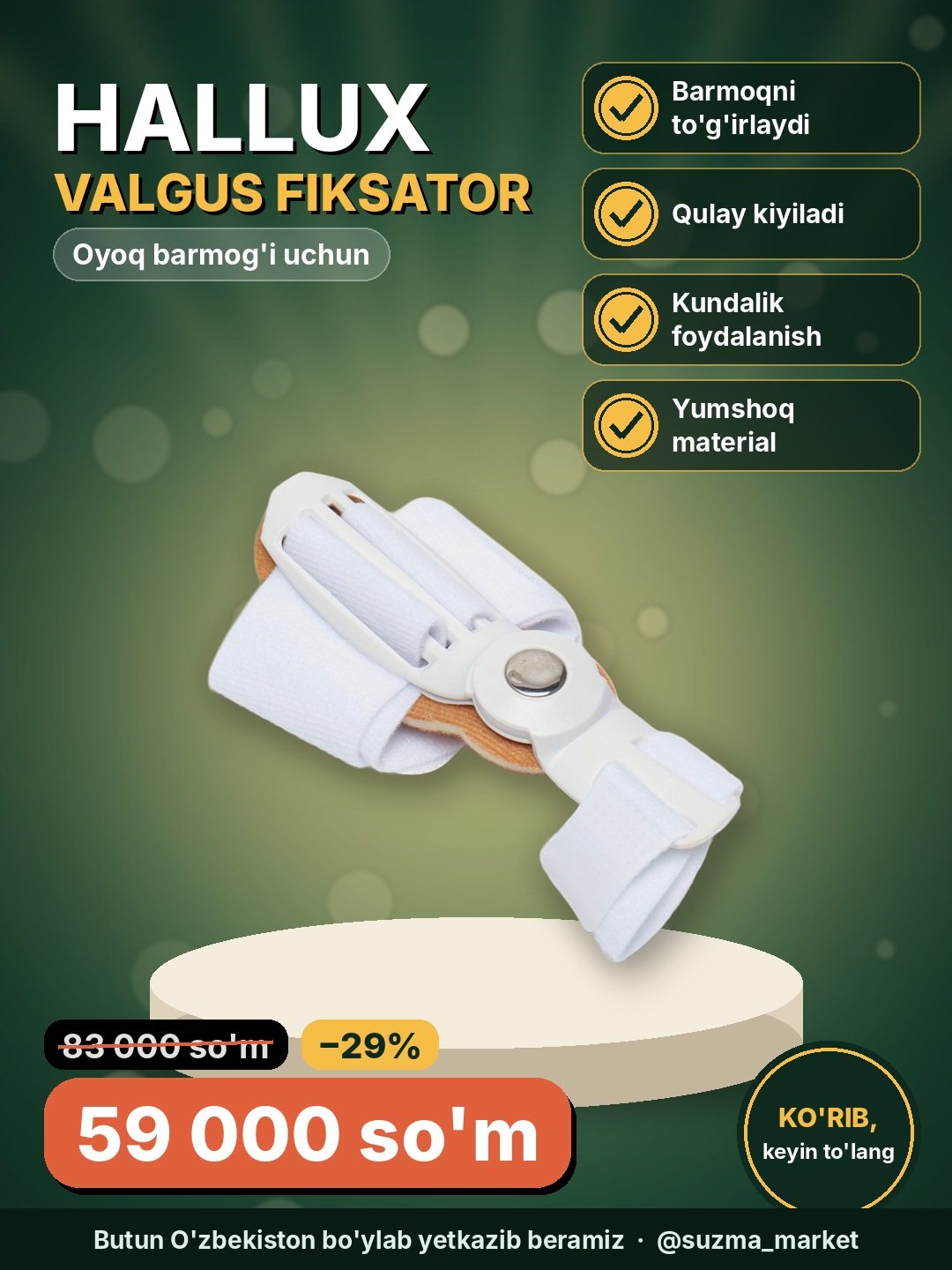 Oyoq uchun fiksator Hallux Valgus — katta bosh barmoq qiyshiqlikni to'g'irlash uchun