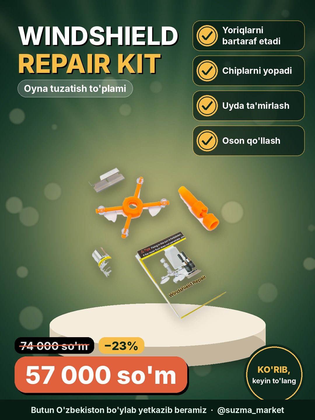 Avtomobil oynasi tuzatish to‘plami Windshield Repair Kit – yoriq va chiplarni bartaraf etish