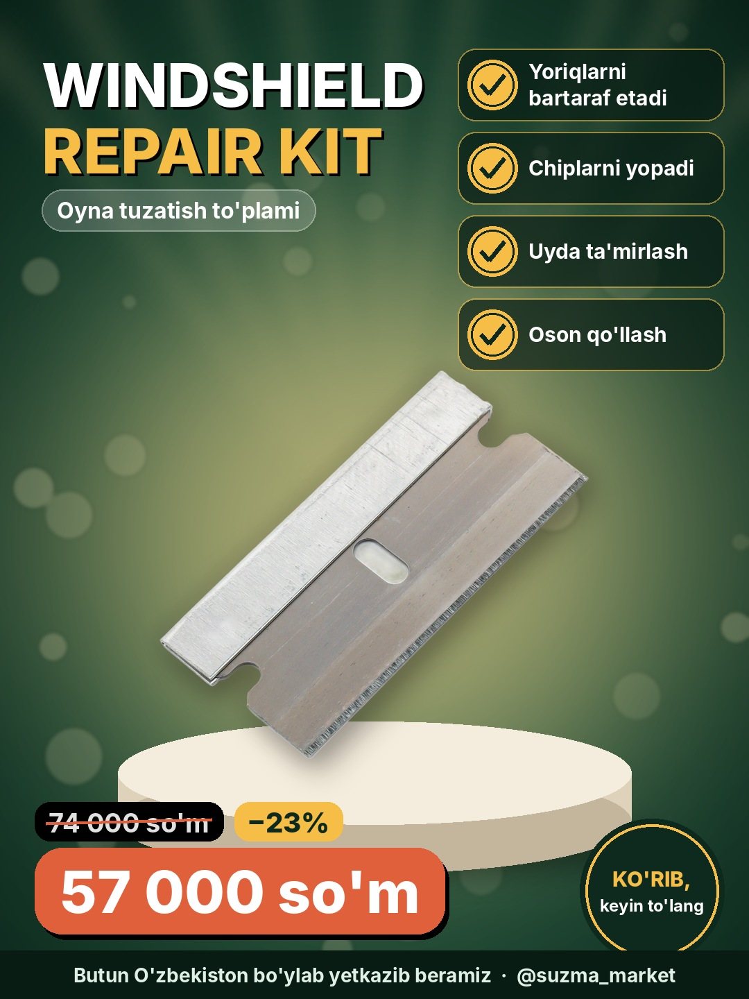 Avtomobil oynasi tuzatish to‘plami Windshield Repair Kit – yoriq va chiplarni bartaraf etish