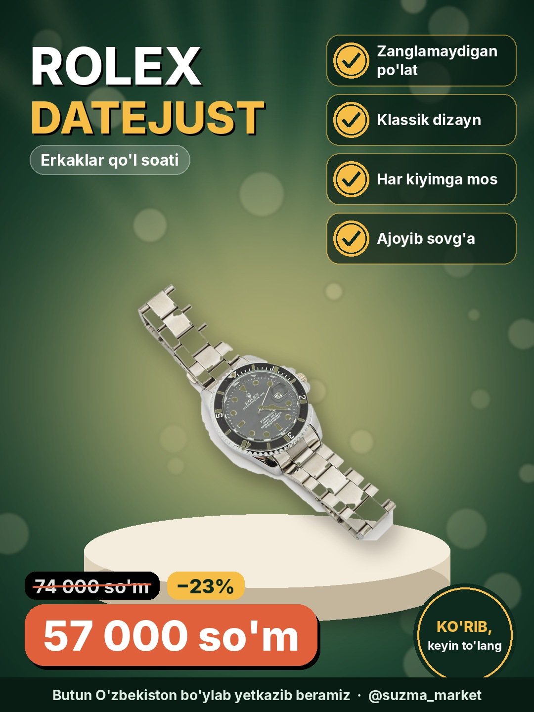 Erkaklar qo'l soati Rolex Datejust 38-45 mm, Zanglamaydigan Po'lat