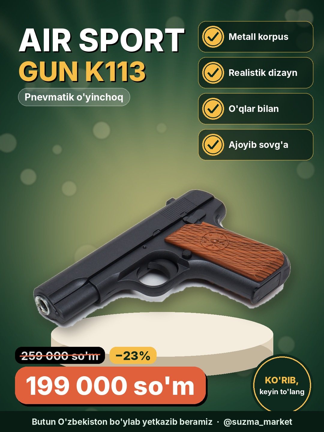 Pnevmatik o‘yinchoq qurol Air Sport Gun K113 - metall korpus va realistik dizayn