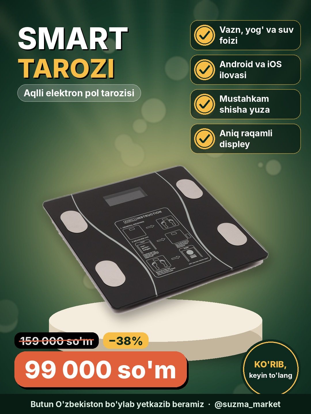 Aqlli elektron tarozi, smart pol tarozi, shisha