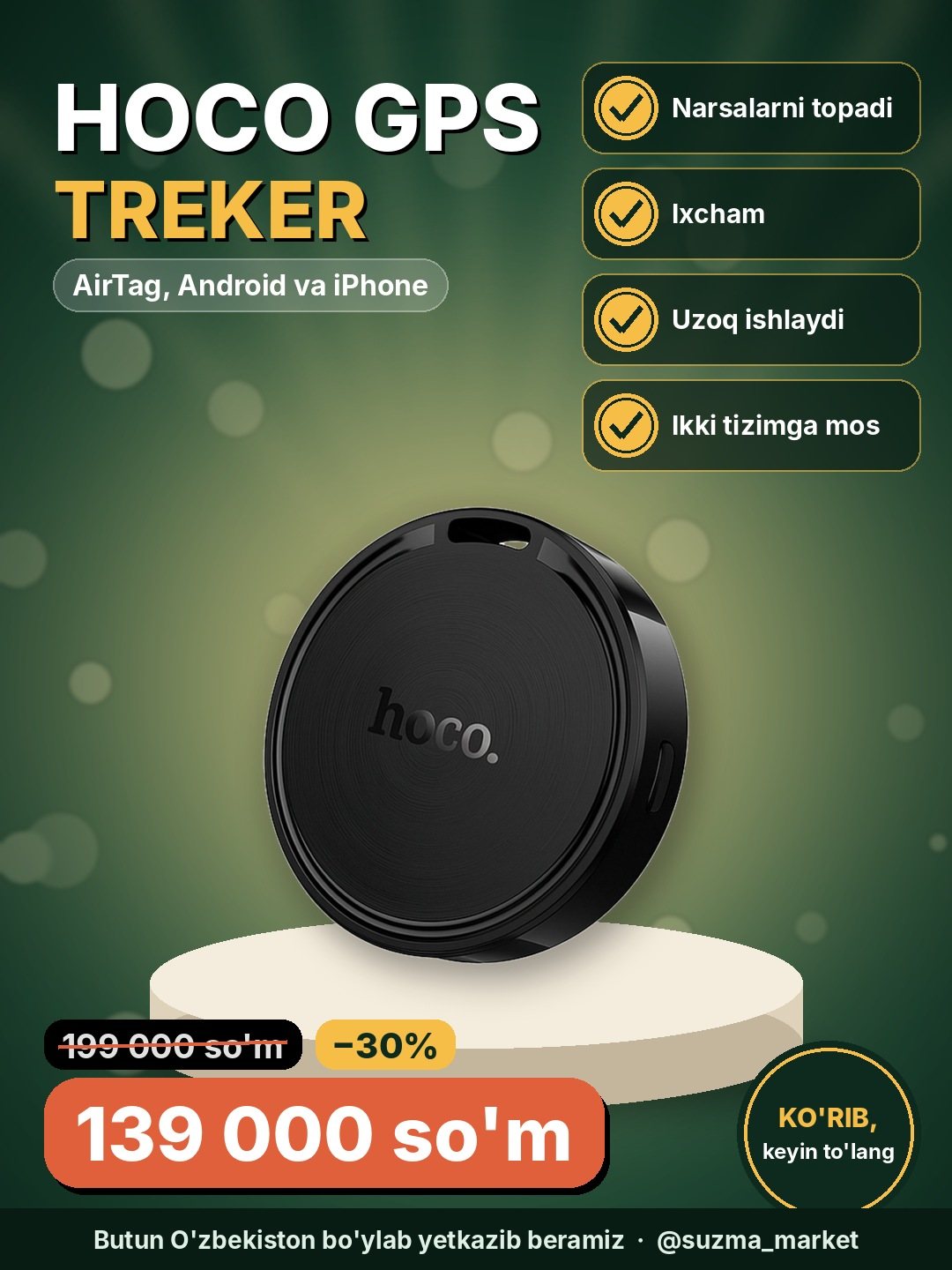 Hoco GPS Treker-AirTag Android va Iphone uchun
