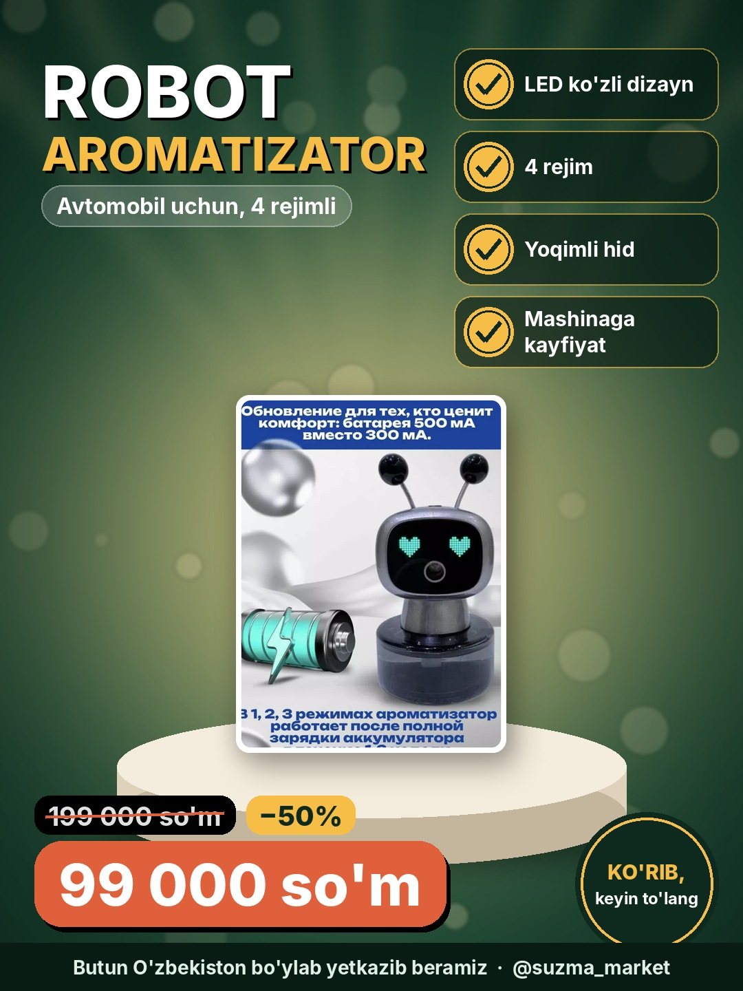 Robot shaklidagi avtomobil aromatizatori — Intellektual 4 rejimli, LED ko‘zli dizayn