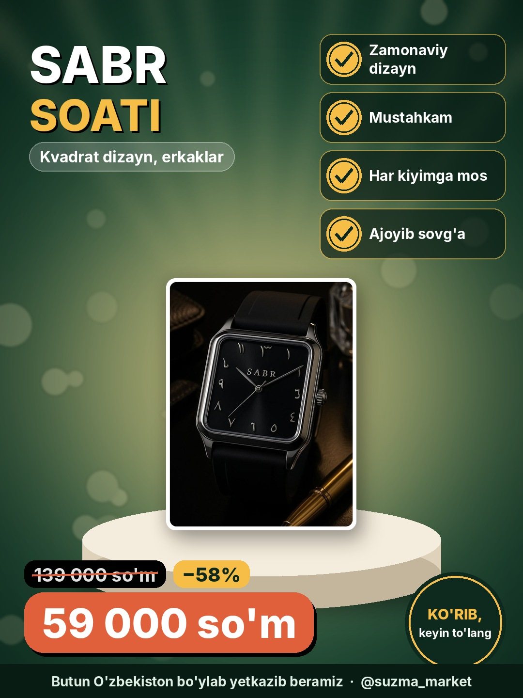 SABR kvadrat dizayndagi erkaklar soati