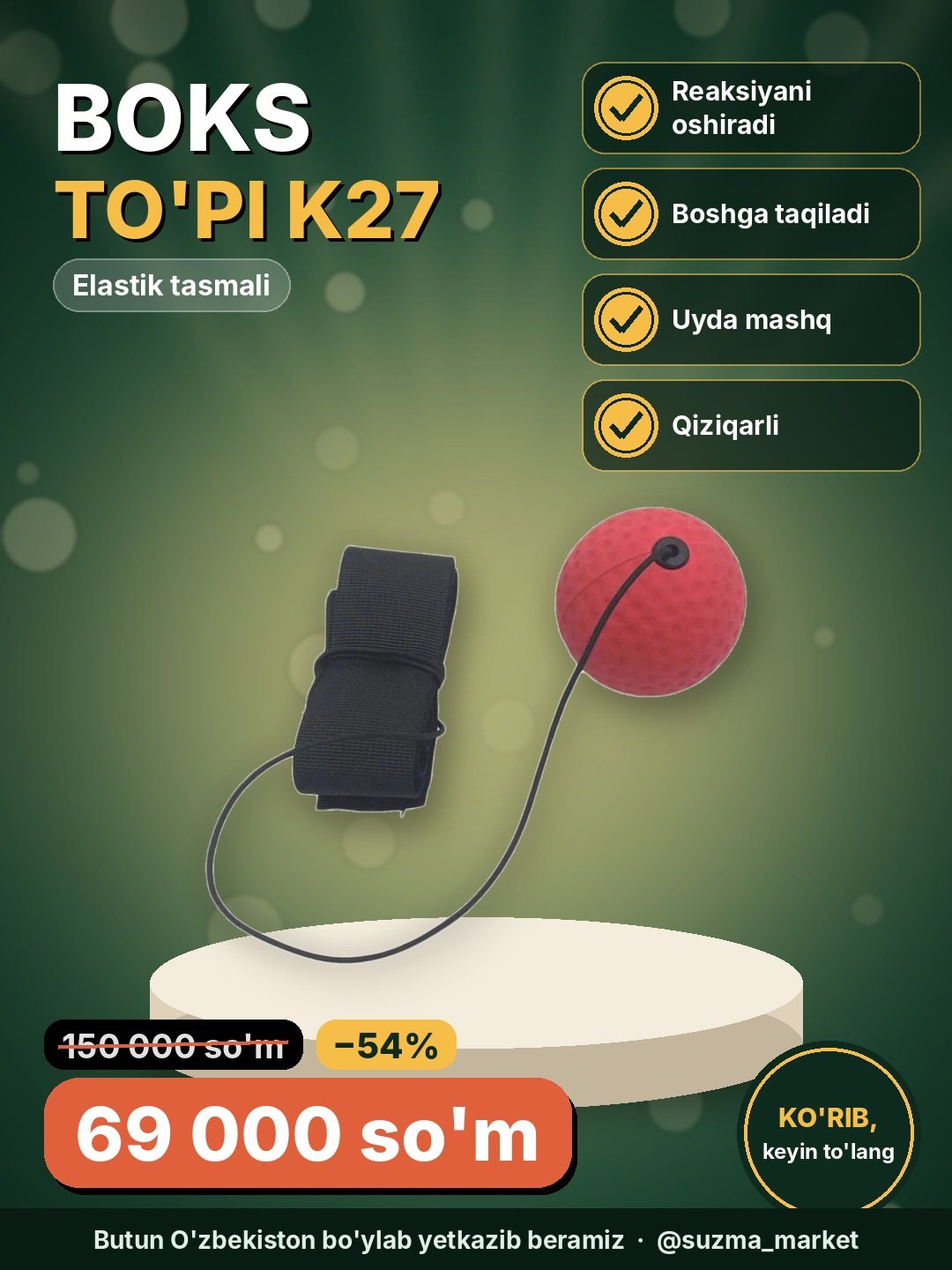 Zarbalarni mashq qilish uchun mashq to'p, elastik tasmali, boks texnikasi uchun boks to'pi k27
