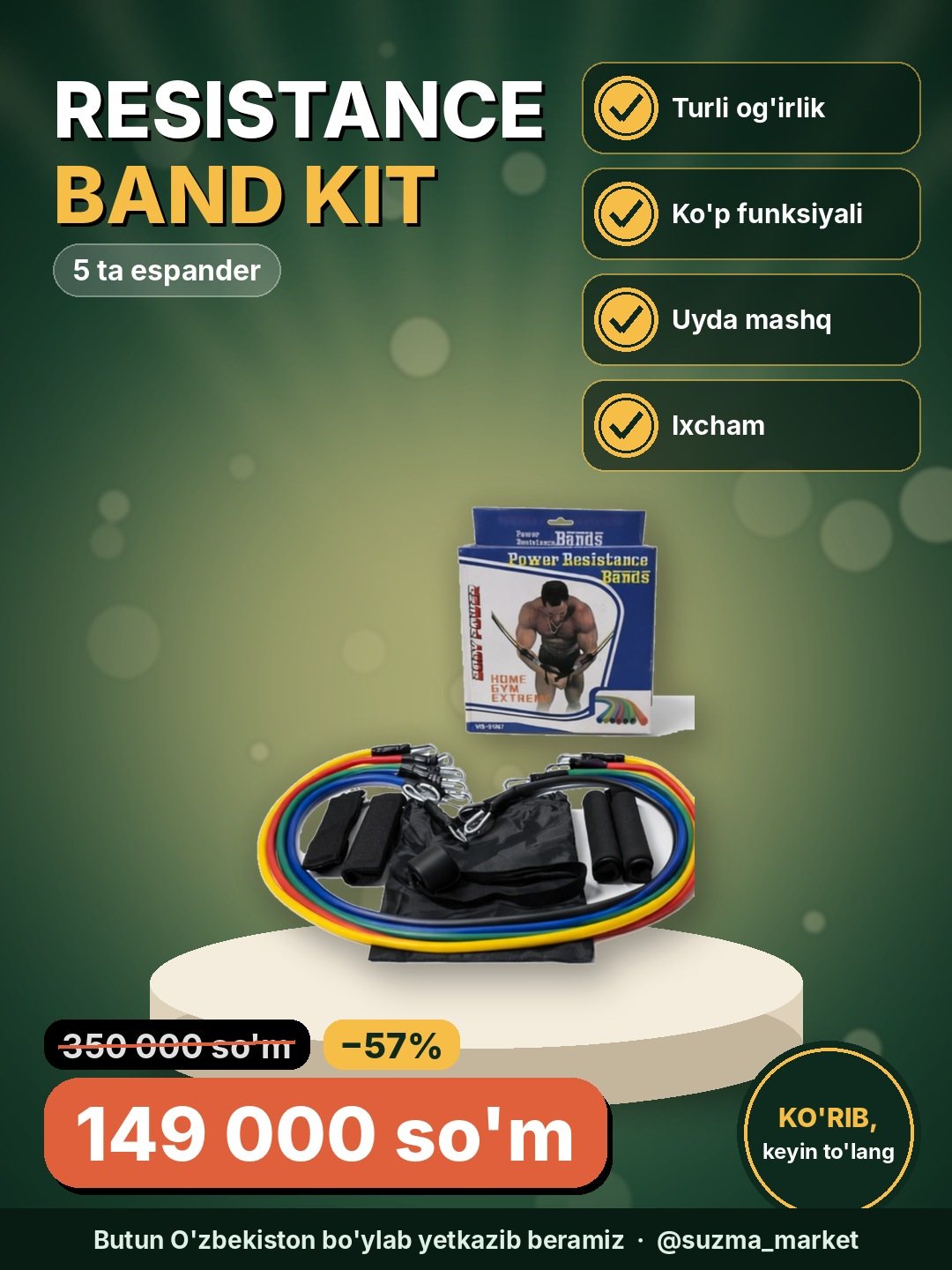 Kauchukli espanderlar, ko'p funksiyali Resistance Band Kit, 5 ta jabduqlar