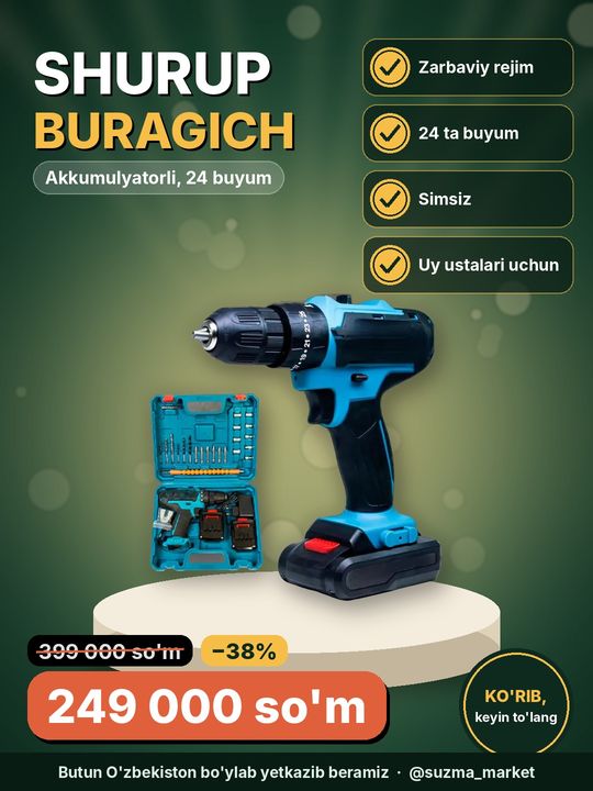 Shurup buragich, zarbaviy buragich, akkumulyator, drel, 24 ta buyumdan iborat to‘plam