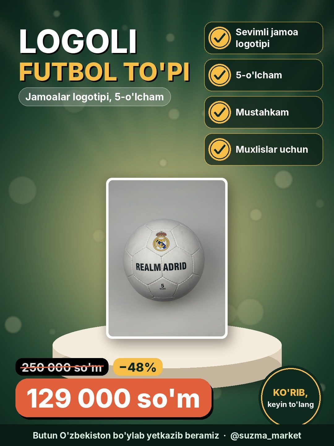 Futbol komаndalari maxsus logotipi tushurilgan futbol topi, 5 o'lcham