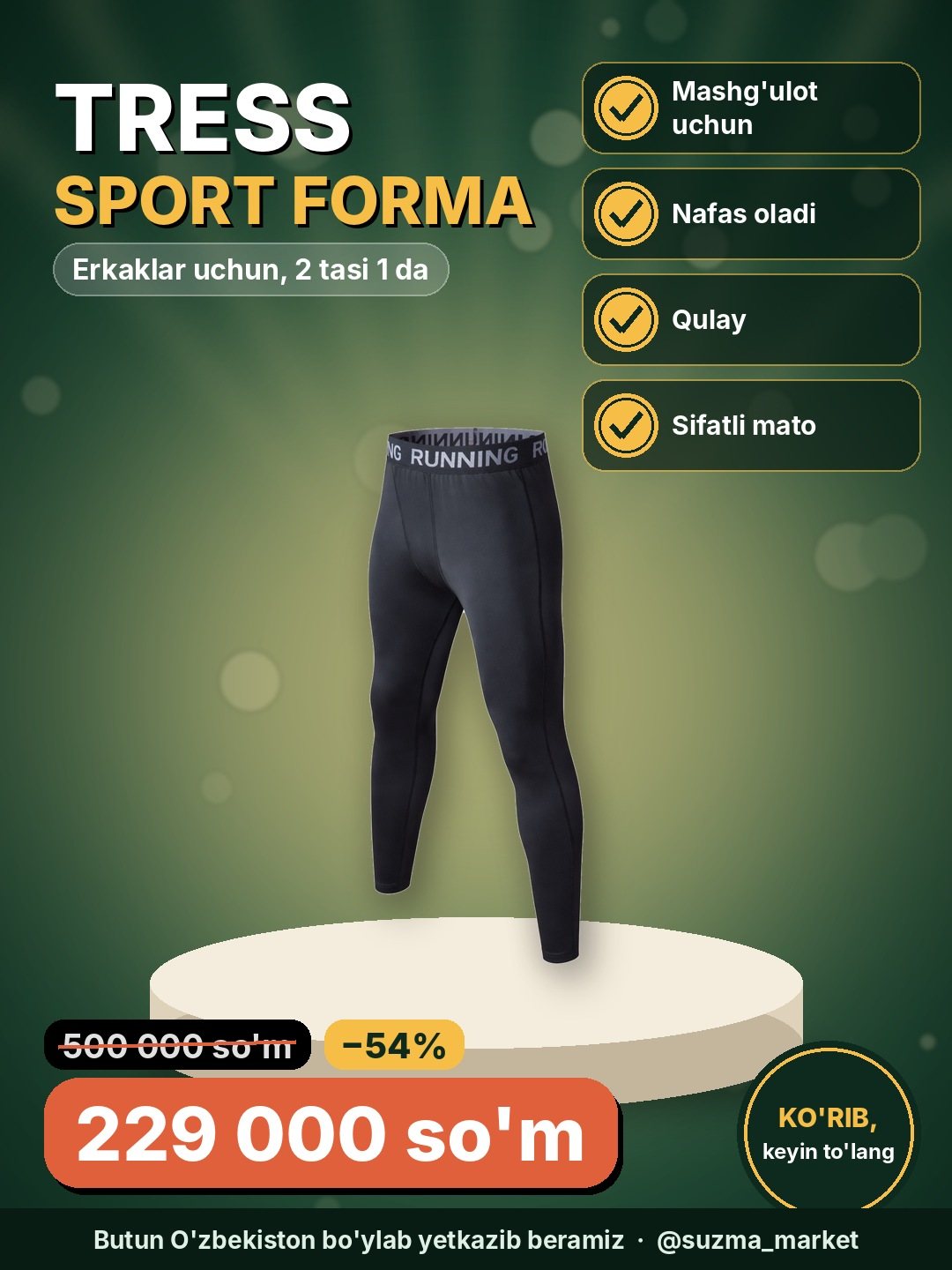 Trenirovka uchun erkaklar sport formasi TRESS, 2 tasi 1 da