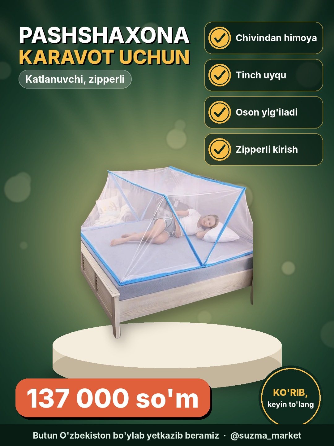 Pashshaxona (moskit to‘r) – karavot uchun katlanuvchi, chivin va hasharotlardan himoya, zipperli 1-2
