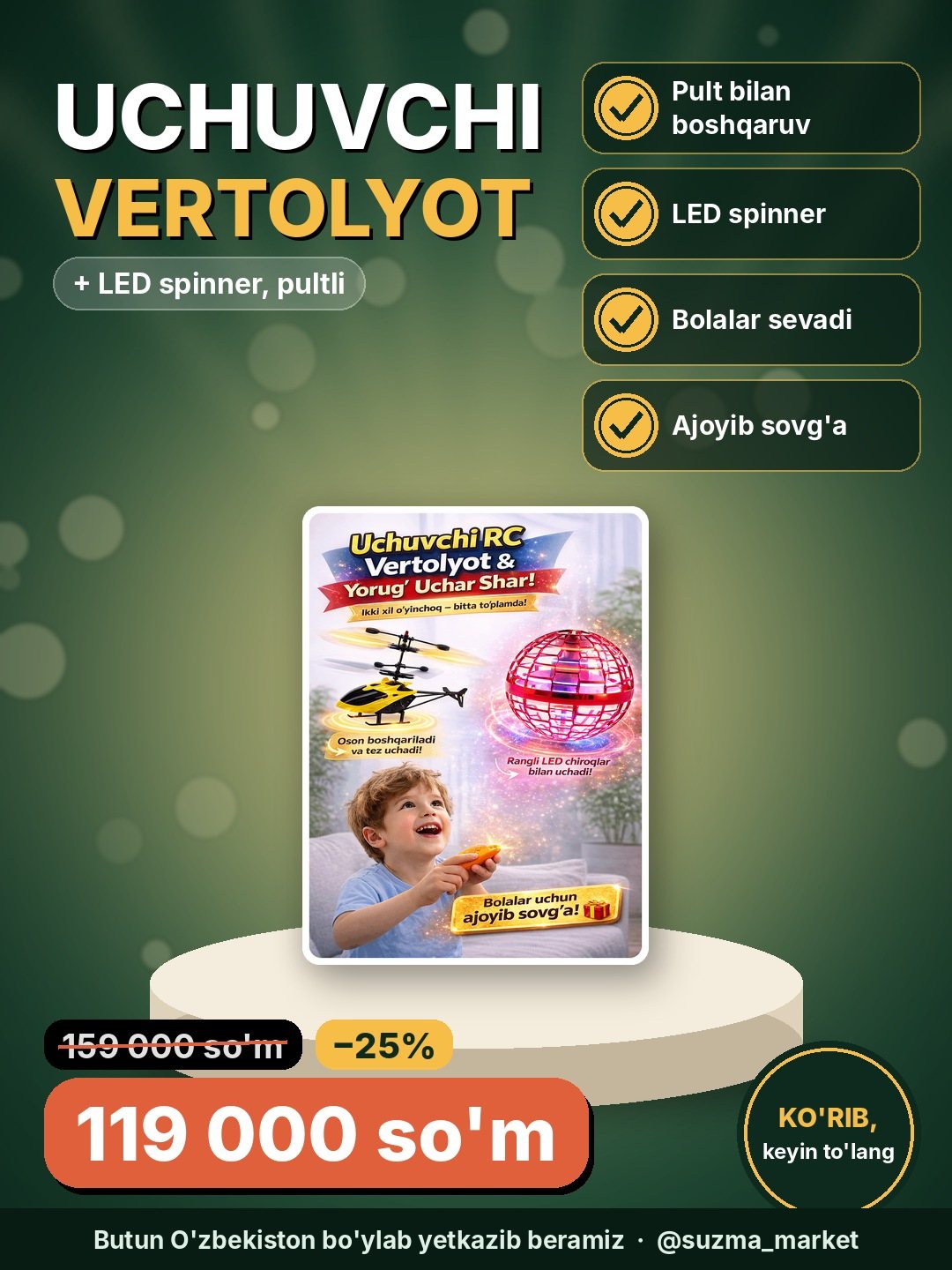 Uchuvchi vertalyot + LED spinner to‘plam, pultli boshqaruv