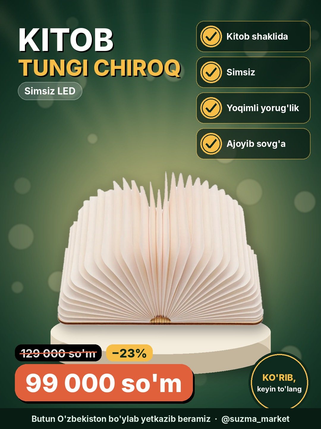 Kitob shaklidagi tungi yorug'lik, simsiz, stol usti led chiroq
