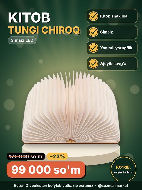 Kitob shaklidagi tungi yorug'lik, simsiz, stol usti led chiroq