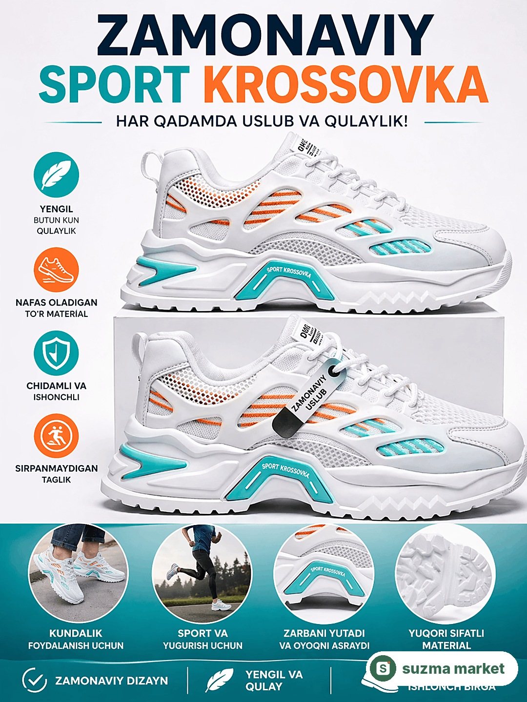 Erkaklar krossovkasi, yengil va nafas oluvchi, qulay sport oyoq kiyim, bahor–yoz–kuz, 40–44 — rasm 2