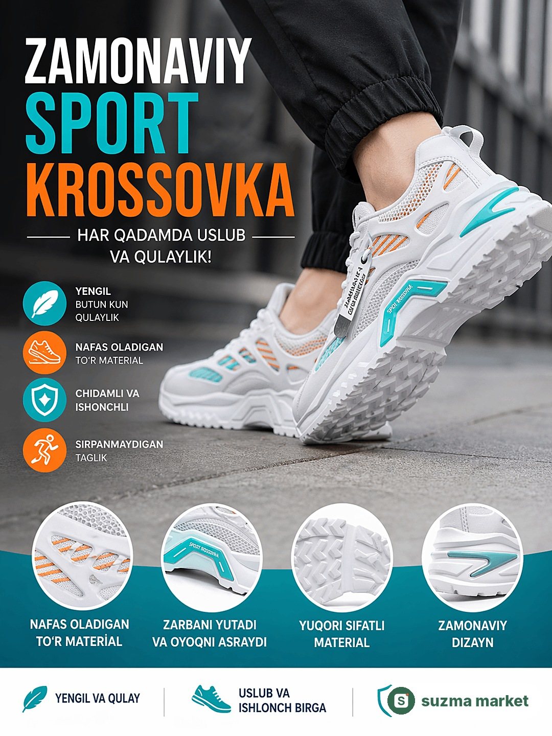 Erkaklar krossovkasi, yengil va nafas oluvchi, qulay sport oyoq kiyim, bahor–yoz–kuz, 40–44 — rasm 3