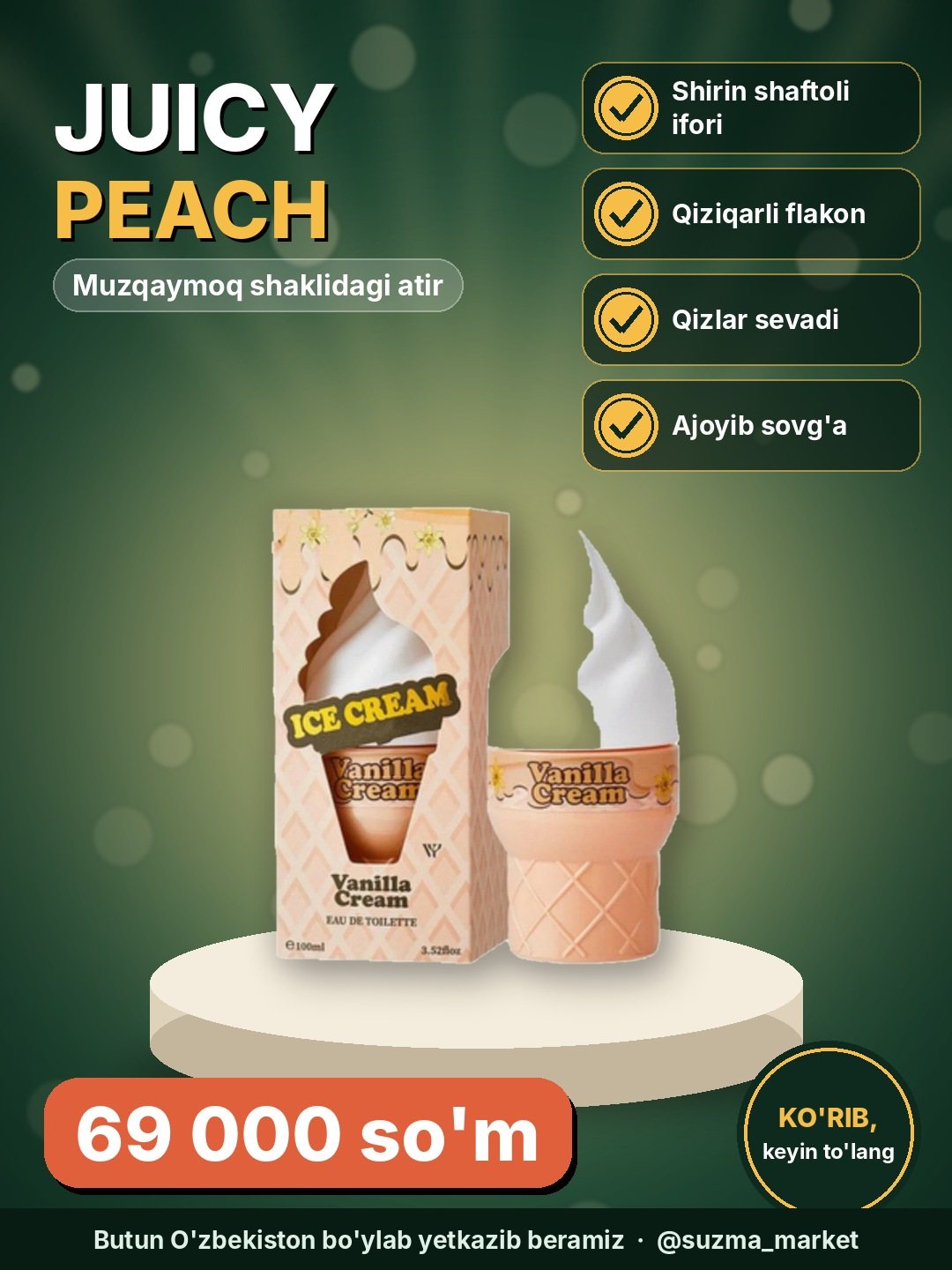 Juicy Peach iforli, muzqaymoq shaklidagi Eau de Toilette