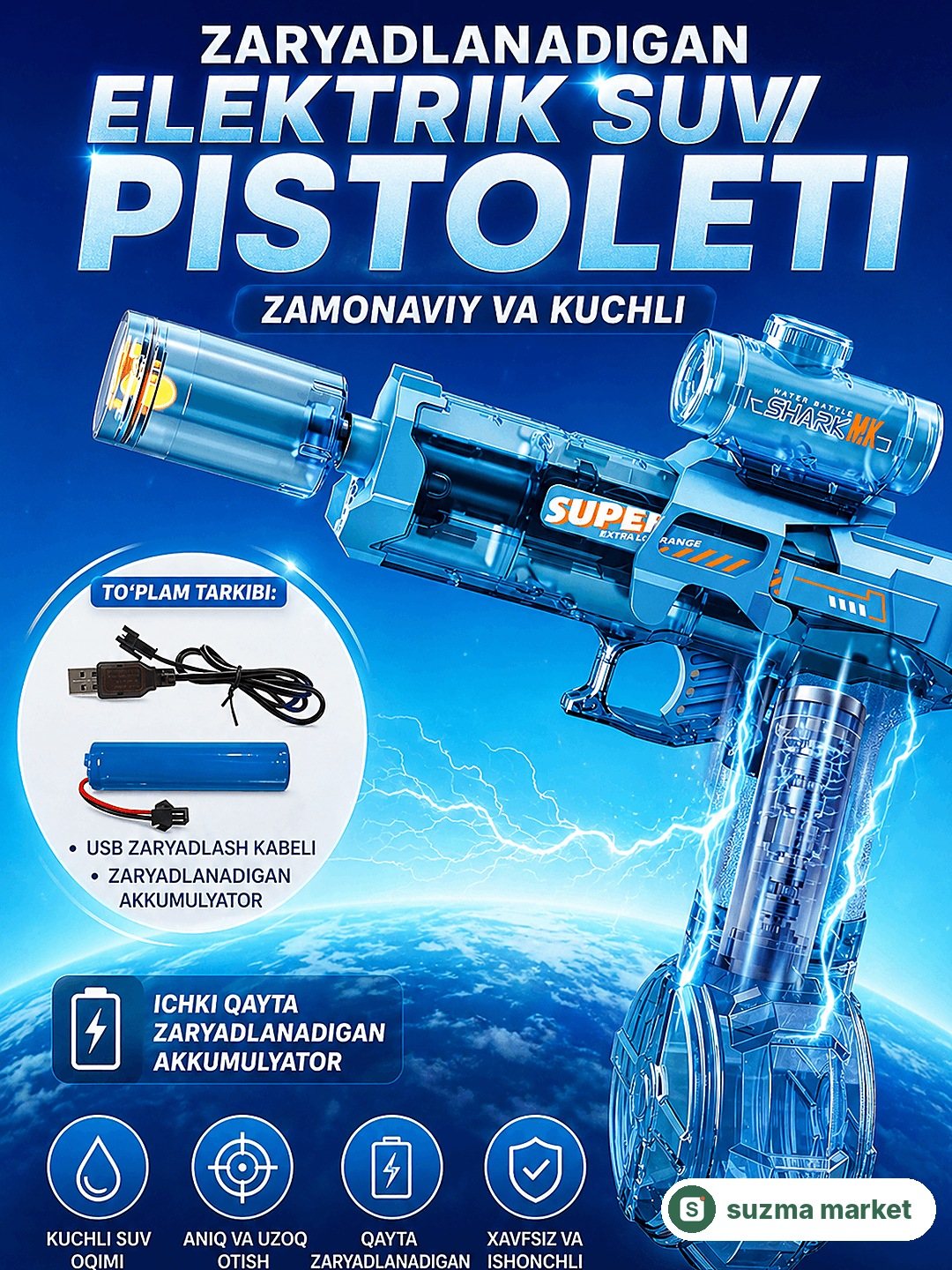 Elektr suv to‘pponchasi, akkumulyatorli, LED effektli, kuchli oqim, bolalar va kattalar uchun — rasm 2