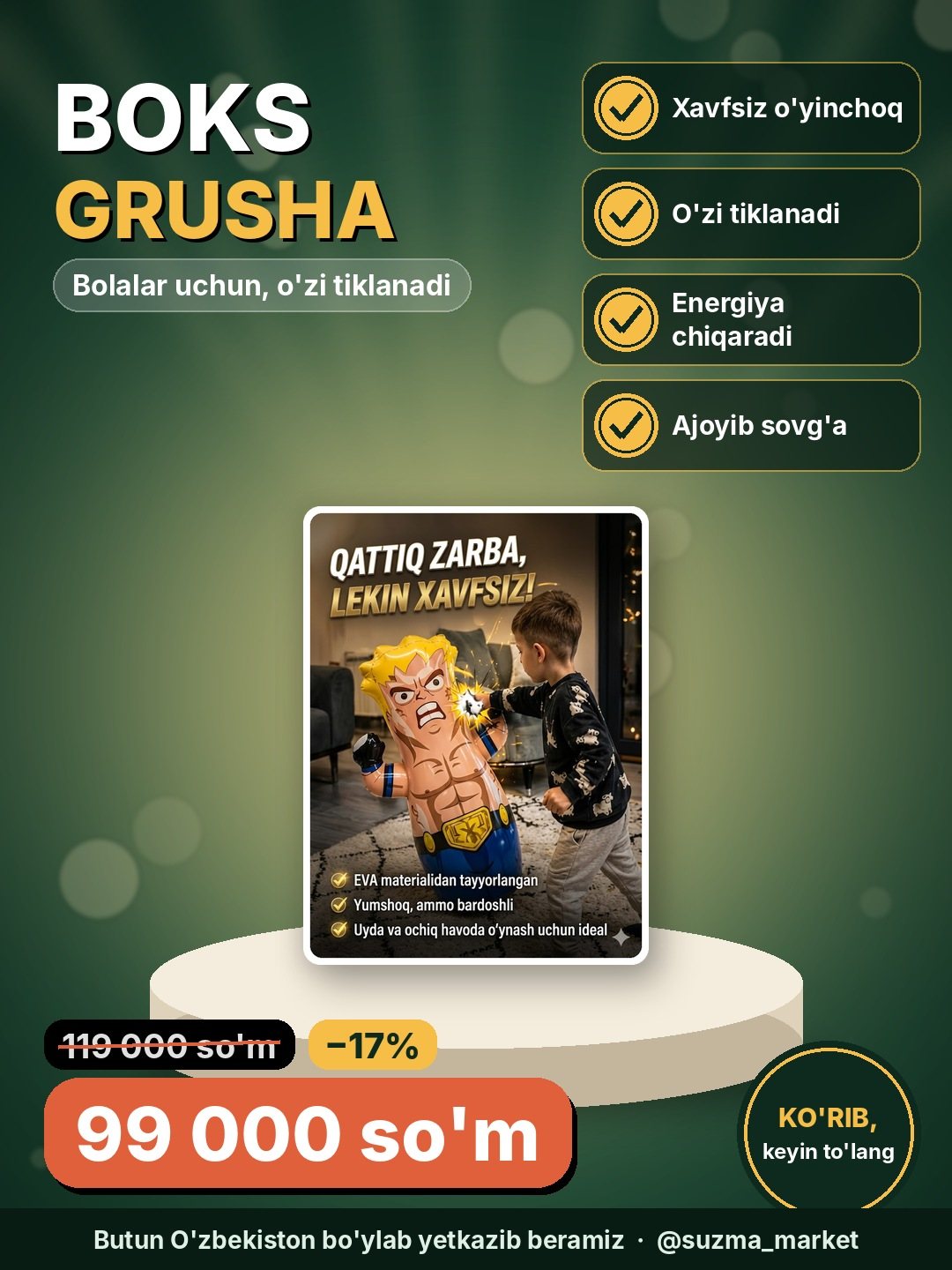 Bolalar uchun boks grusha, o‘zidan tiklanadigan boxing toy, xavfsiz sport o‘yinchoq