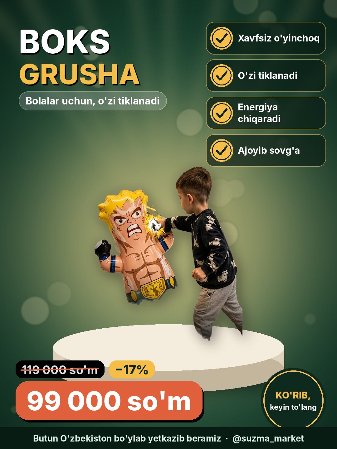 Bolalar uchun boks grusha, o‘zidan tiklanadigan boxing toy, xavfsiz sport o‘yinchoq