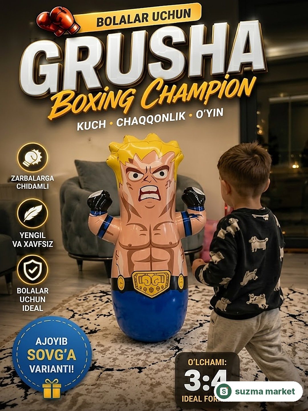 Bolalar uchun boks grusha, o‘zidan tiklanadigan boxing toy, xavfsiz sport o‘yinchoq — rasm 2