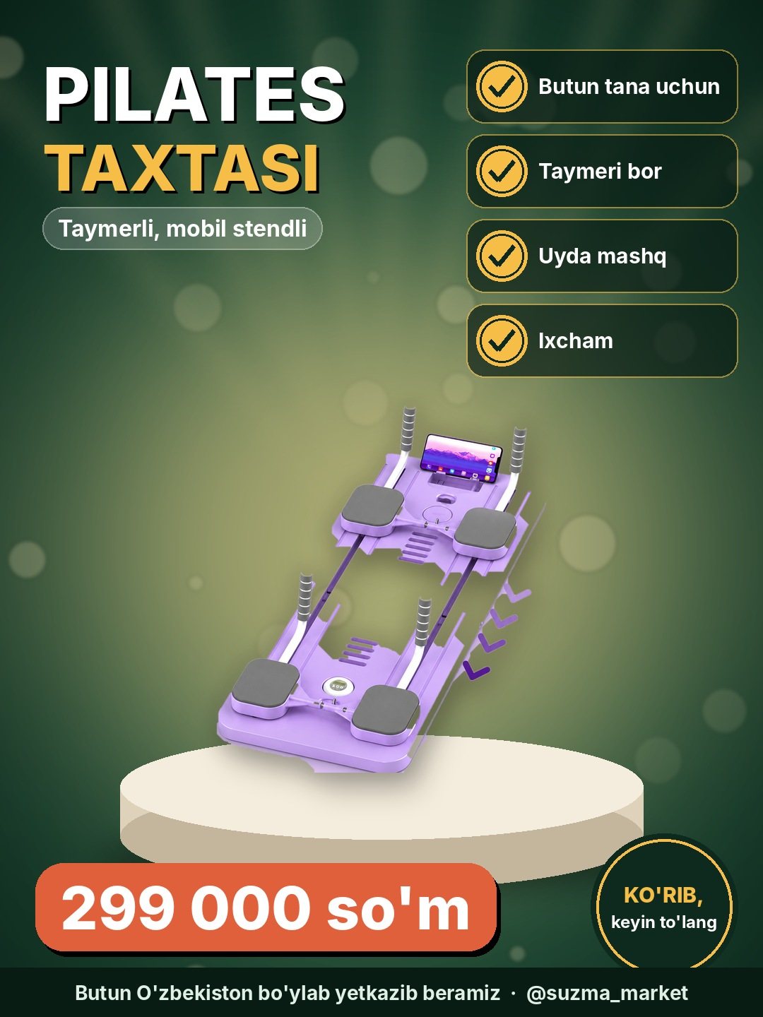 Taymer va mobil stendli uyda mashq mashinasi, butun tana uchun pilates fitnes taxtasi