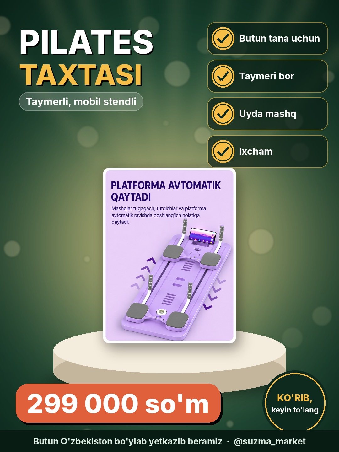 Taymer va mobil stendli uyda mashq mashinasi, butun tana uchun pilates fitnes taxtasi