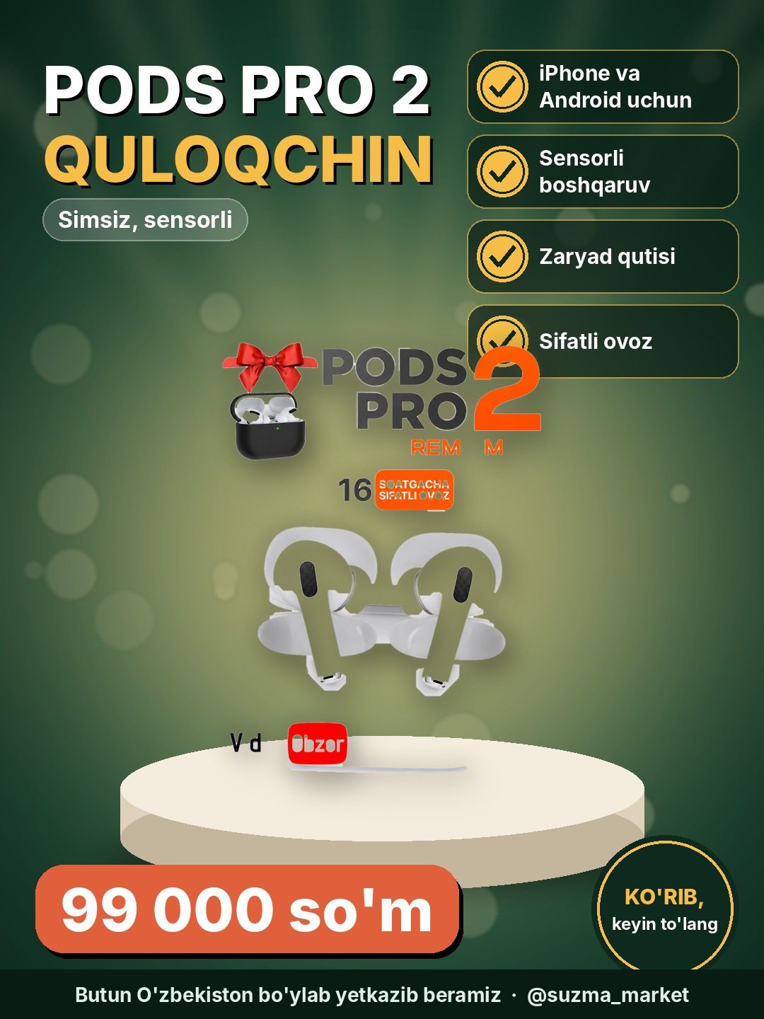 Simsiz quloqchinlar Pods Pro 2 Premium, sensorli, iPhone va Android uchun naushnik