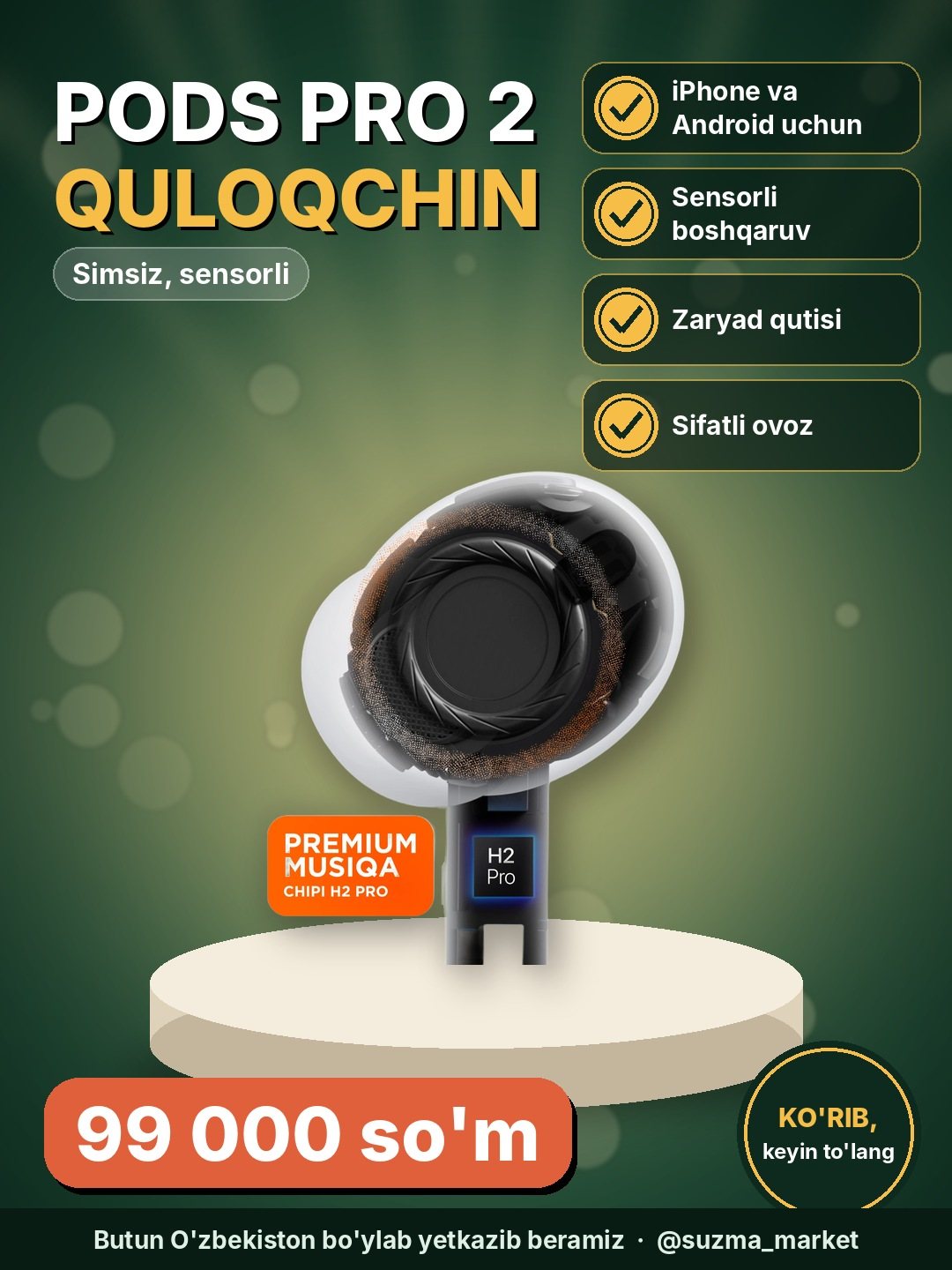 Simsiz quloqchinlar Pods Pro 2 Premium, sensorli, iPhone va Android uchun naushnik