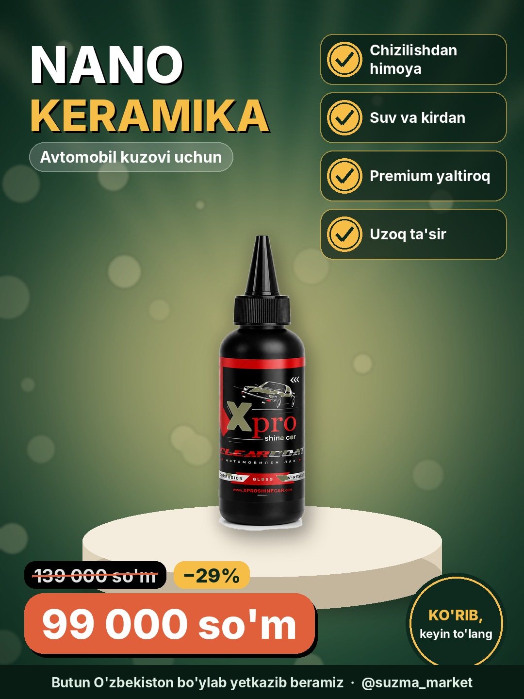 Avtomobil uchun nano keramika qoplama — кuzovni chizilish, suv va kirdan premium himoya