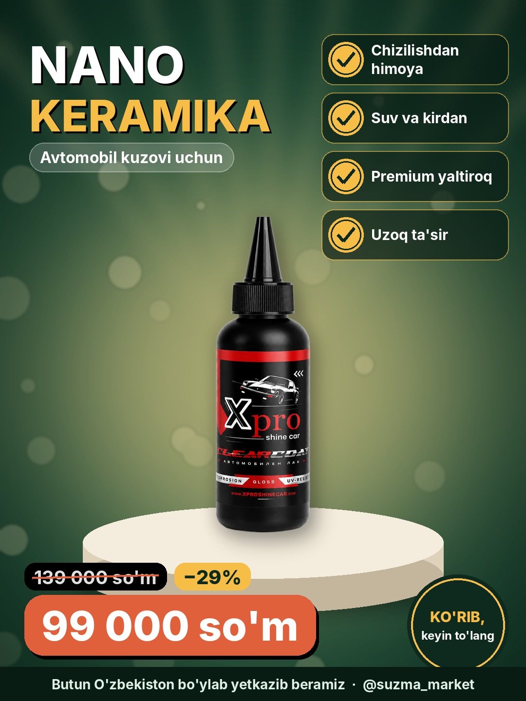 Avtomobil uchun nano keramika qoplama — кuzovni chizilish, suv va kirdan premium himoya