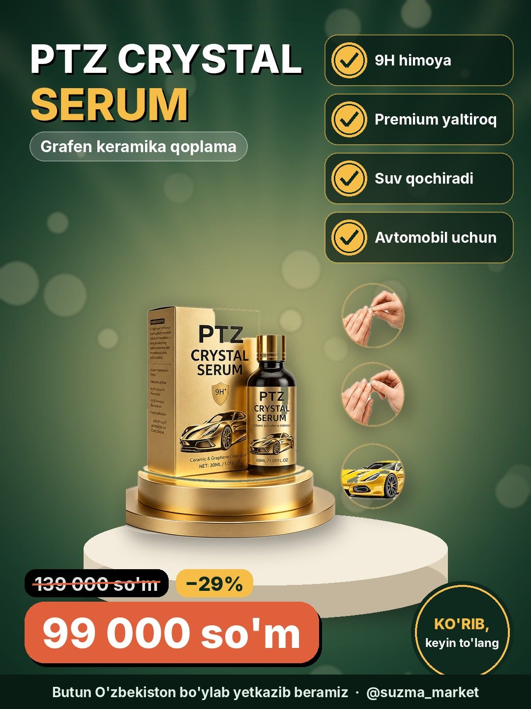 PTZ Crystal Serum Graphene Ceramic Coating — avtomobil uchun 9H himoya va premium yaltiroq qoplama