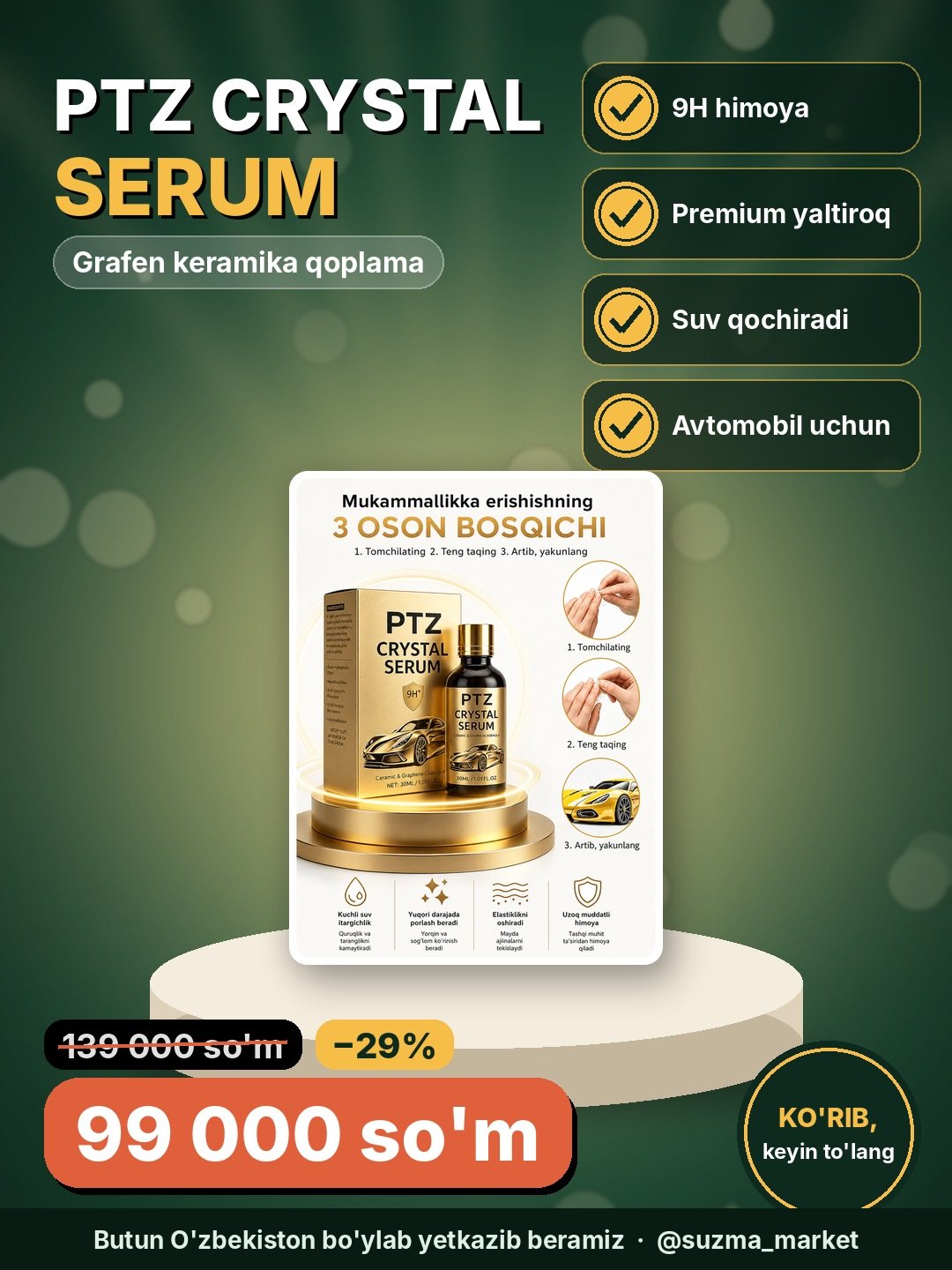 PTZ Crystal Serum Graphene Ceramic Coating — avtomobil uchun 9H himoya va premium yaltiroq qoplama