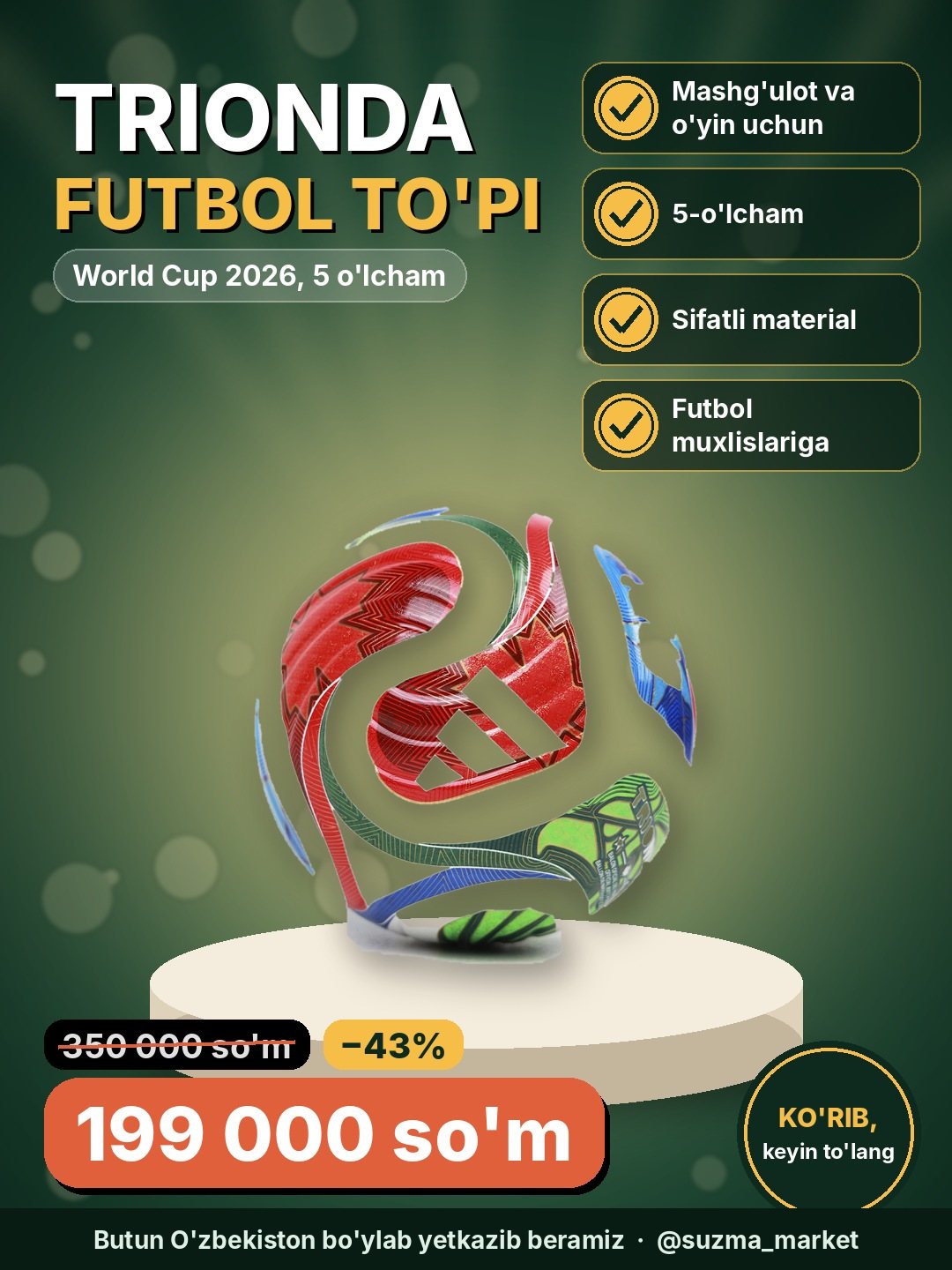 Futbol to‘pi World Cup 2026 TRIONDA, mashg‘ulot va o‘yin uchun, 5 o‘lcham