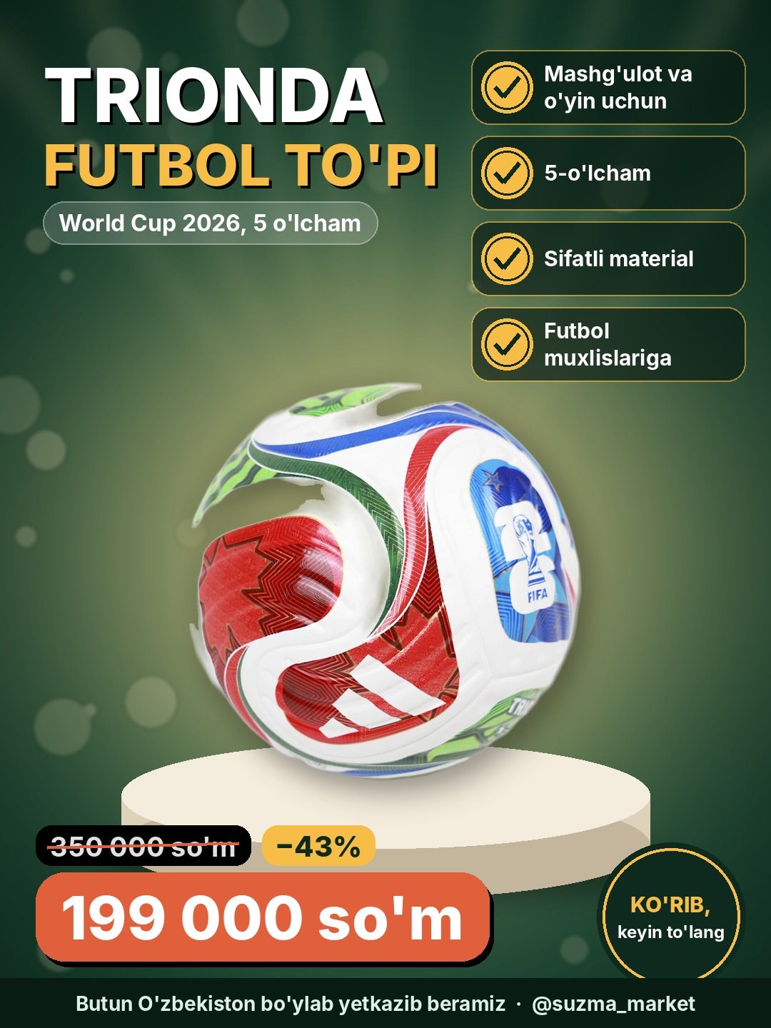 Futbol to‘pi World Cup 2026 TRIONDA, mashg‘ulot va o‘yin uchun, 5 o‘lcham