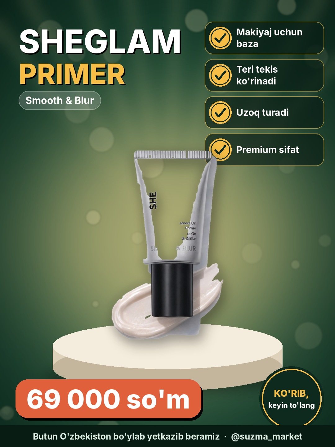 SHEGLAM Smooth & Blur Primer, flawless makeup uchun premium baza