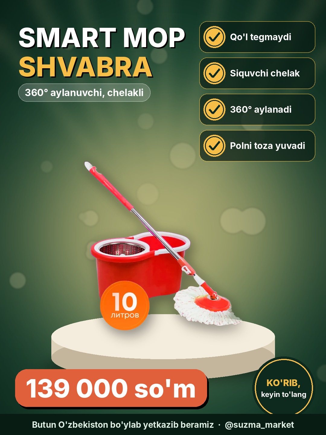 360° aylanuvchi shvabra va g‘ildirakli chelak — smart mop set