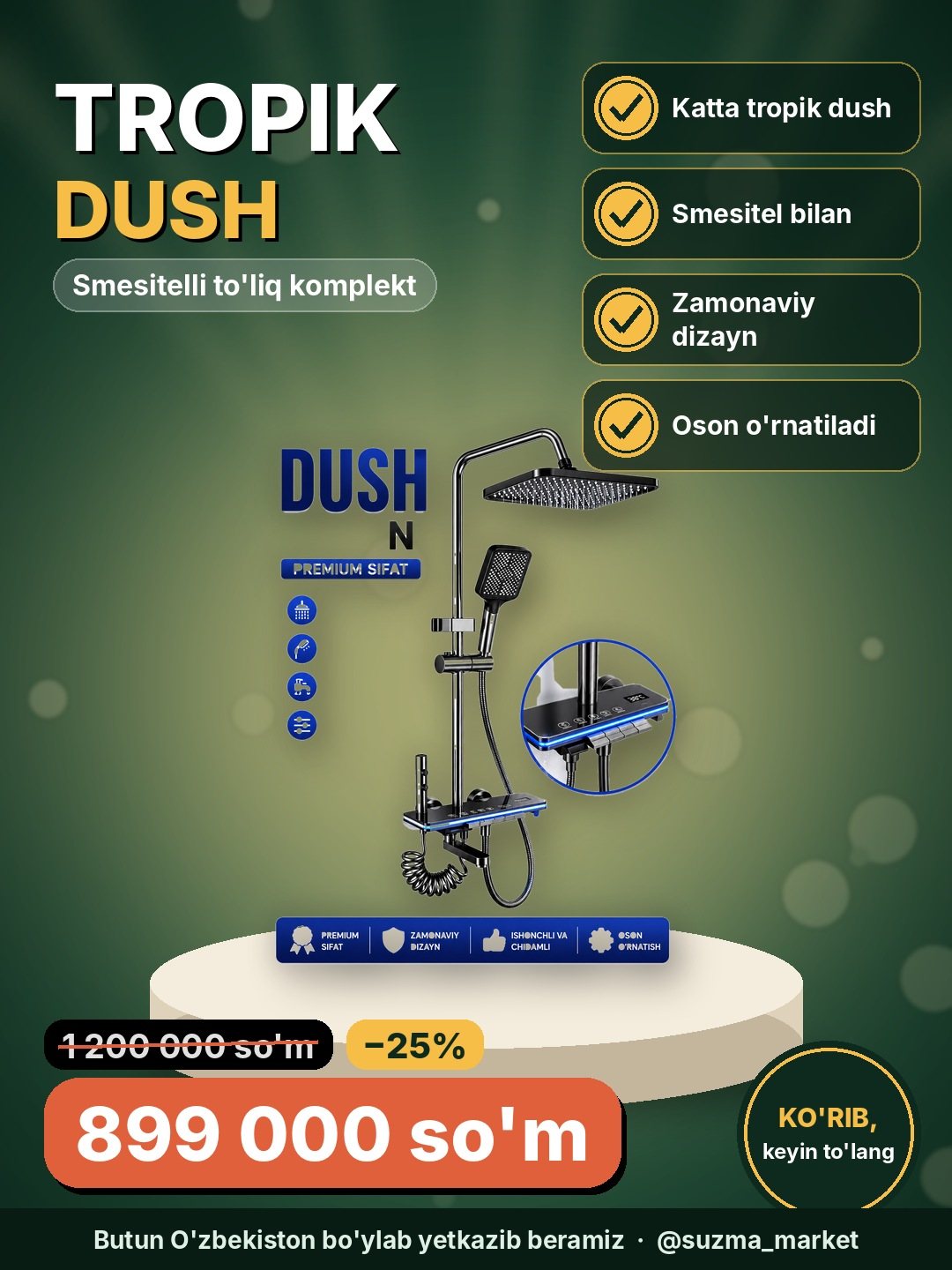 Premium tropik dush tizimi — smesitelli to‘liq dush komplekti