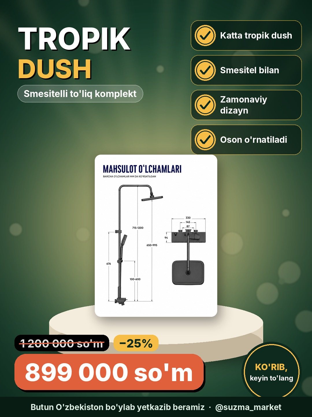 Premium tropik dush tizimi — smesitelli to‘liq dush komplekti