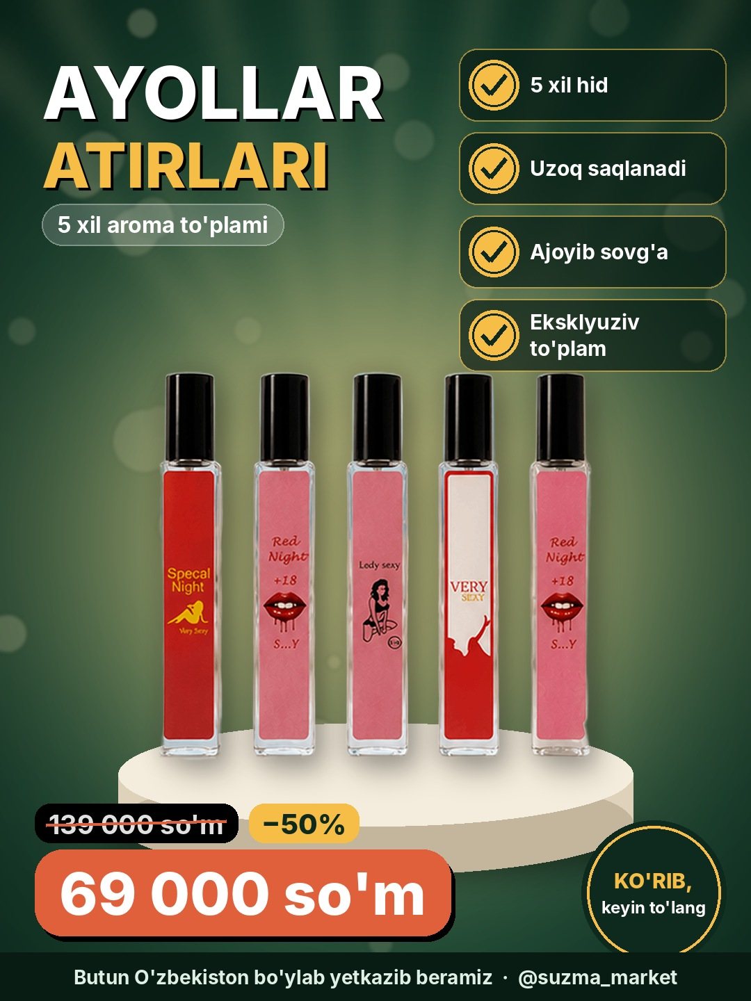 Ayollar uchun Eksklyuziv Atirlar To‘plami — 5 xil Aroma