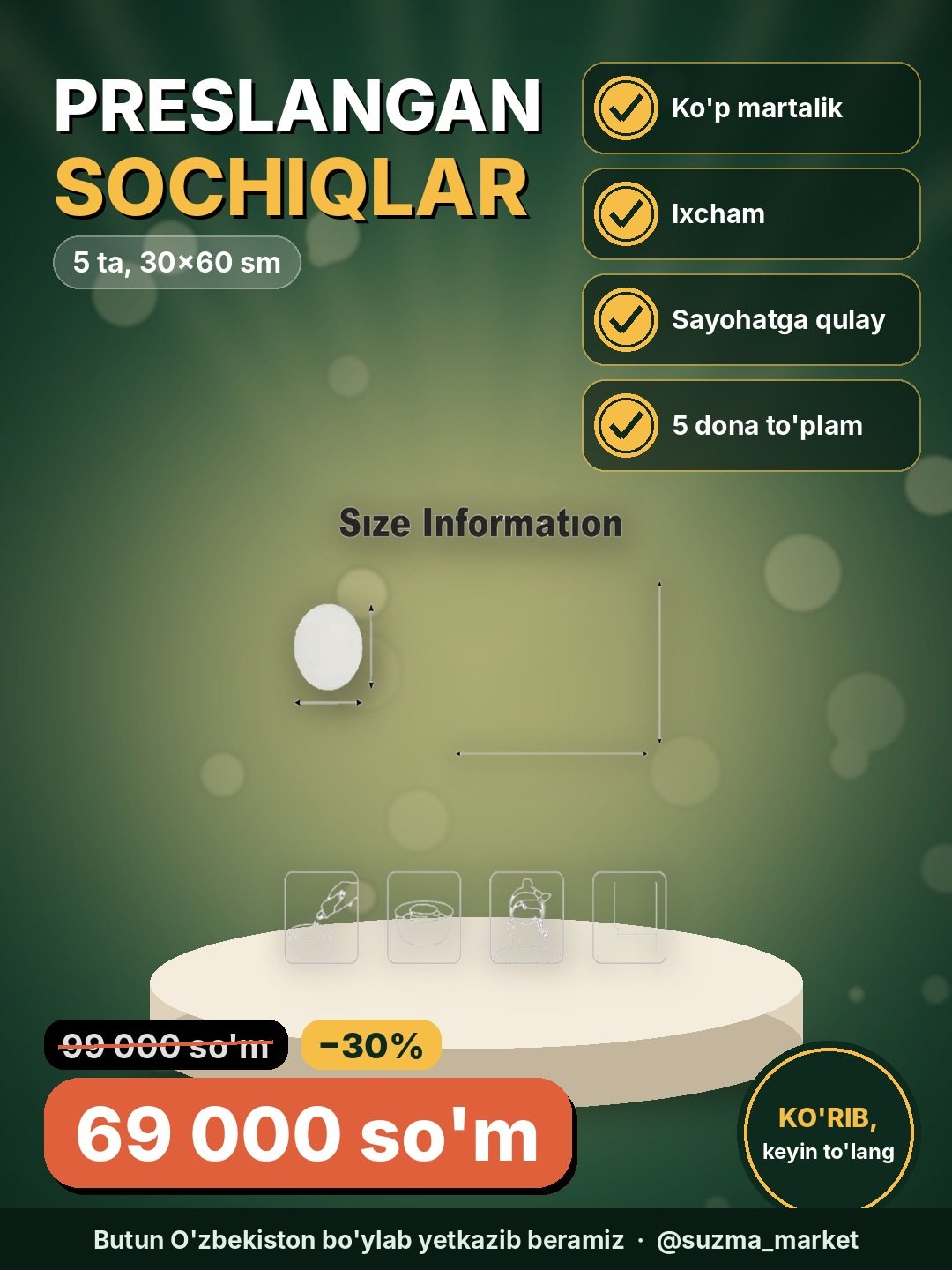 Preslangan ko'pmartalik sochiqlar 5 ta, 30x60 sm