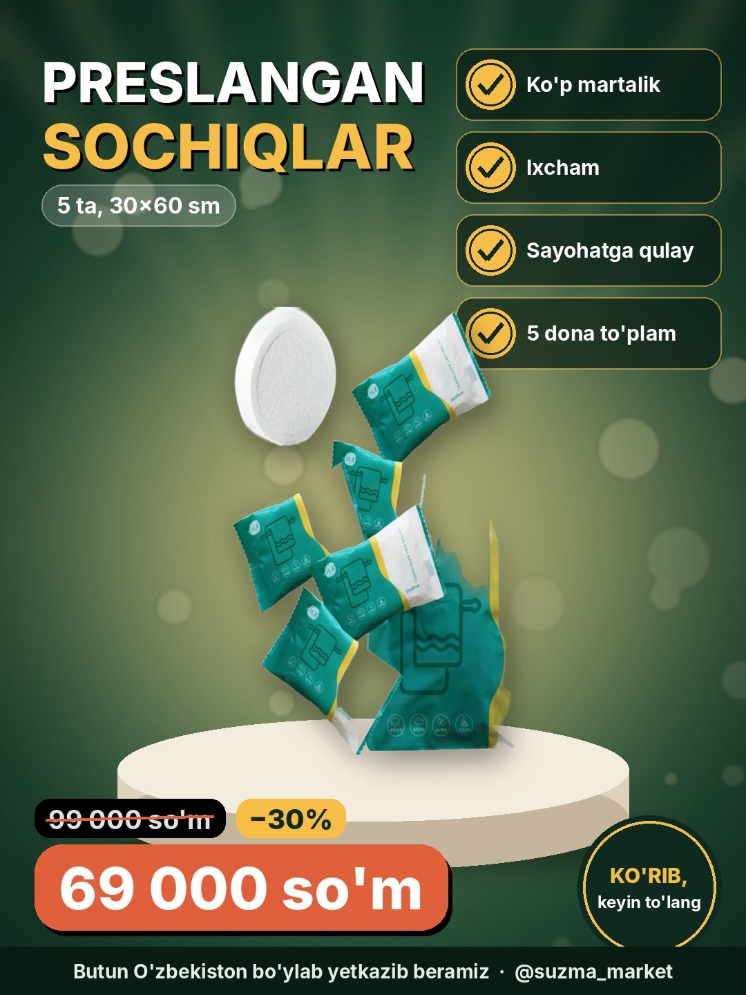 Preslangan ko'pmartalik sochiqlar 5 ta, 30x60 sm