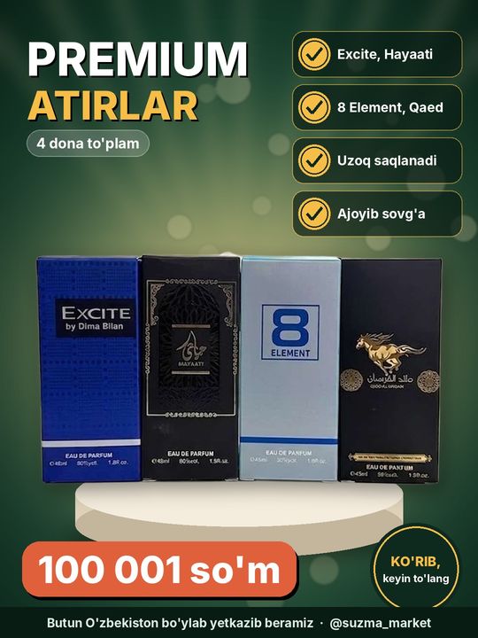 Premium atirlar to‘plami – Excite, Hayaati, 8 Element, Qaed Al Fursan (4 dona)