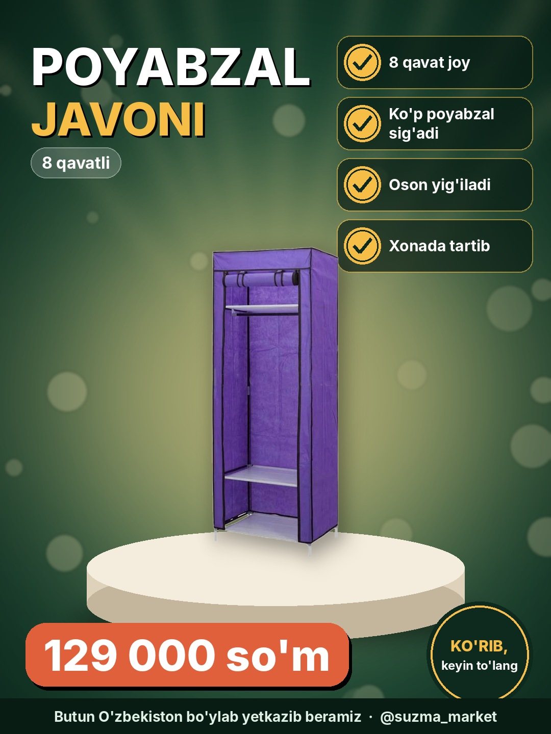Oyoq kiyim qo'yadigan 8 qavatlik javon, etajerka, stellaj, poyabzal tokchasi