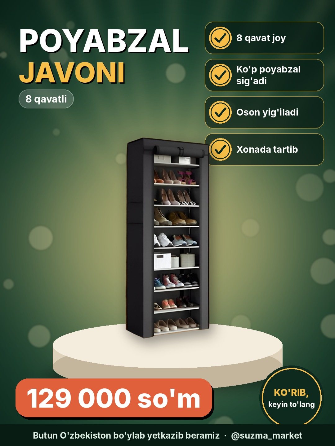 Oyoq kiyim qo'yadigan 8 qavatlik javon, etajerka, stellaj, poyabzal tokchasi