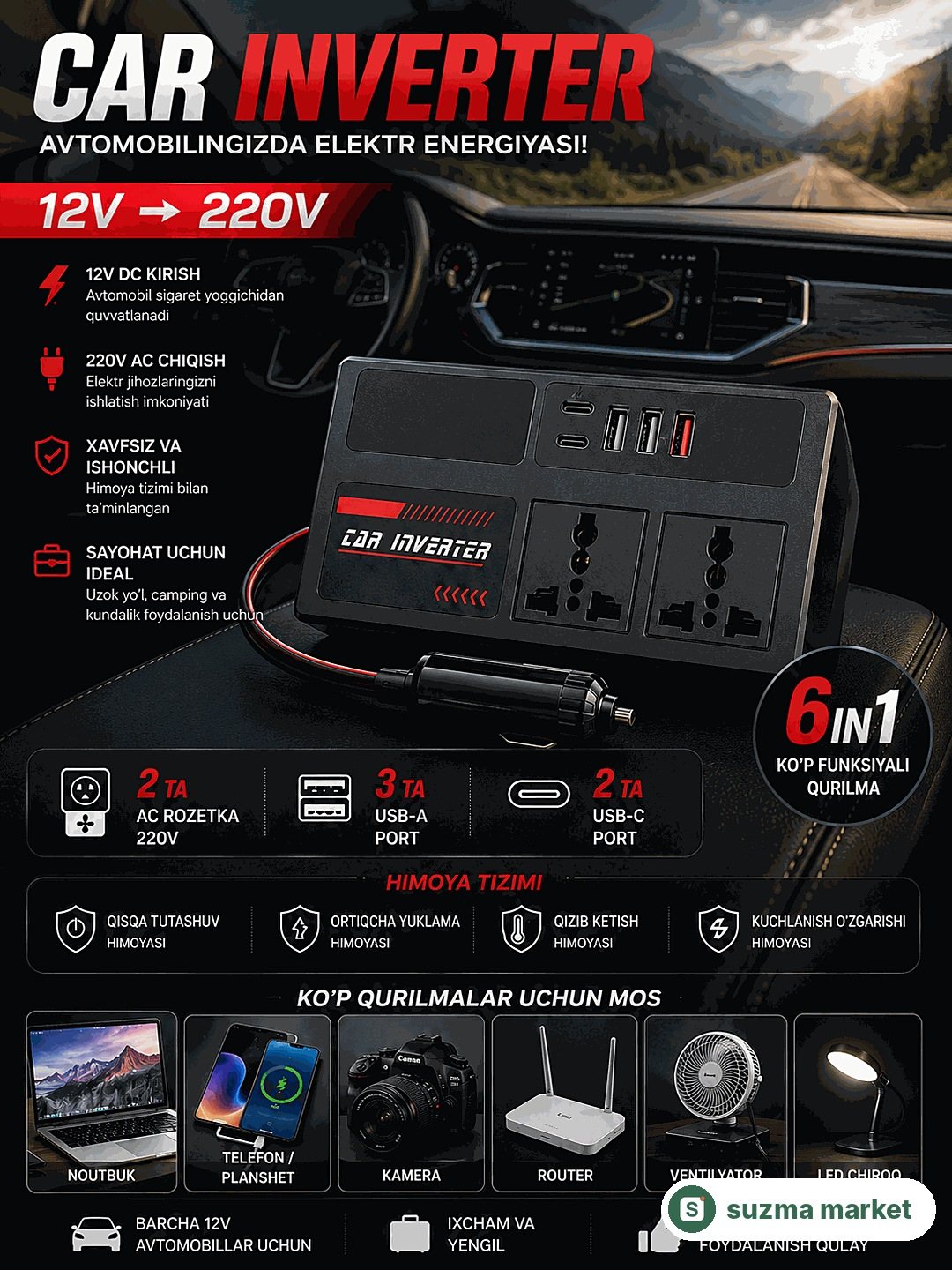 Avtomobil invertori, 4 ta USB portli rozetka, 12 V/24 V dan 220 V gacha konvertor, 1500 Vt — rasm 2