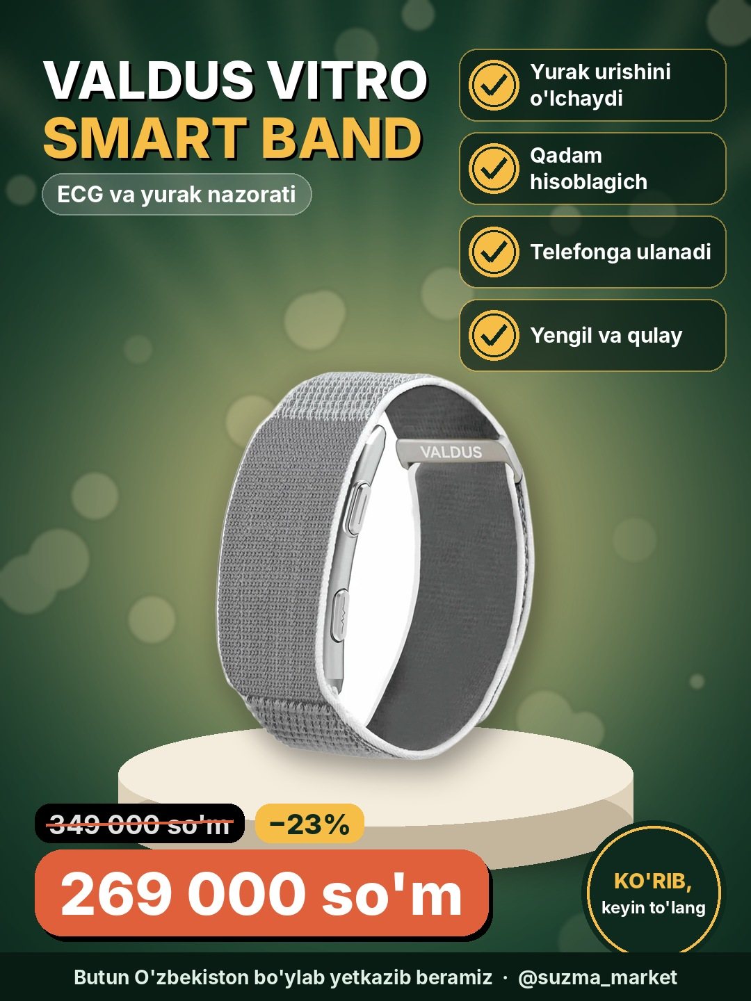 Aqlli Fitness Bilaguzuk VALDUS VITRO ECG-Yurak urish nazorati,qadam hisoblagich, Smart band