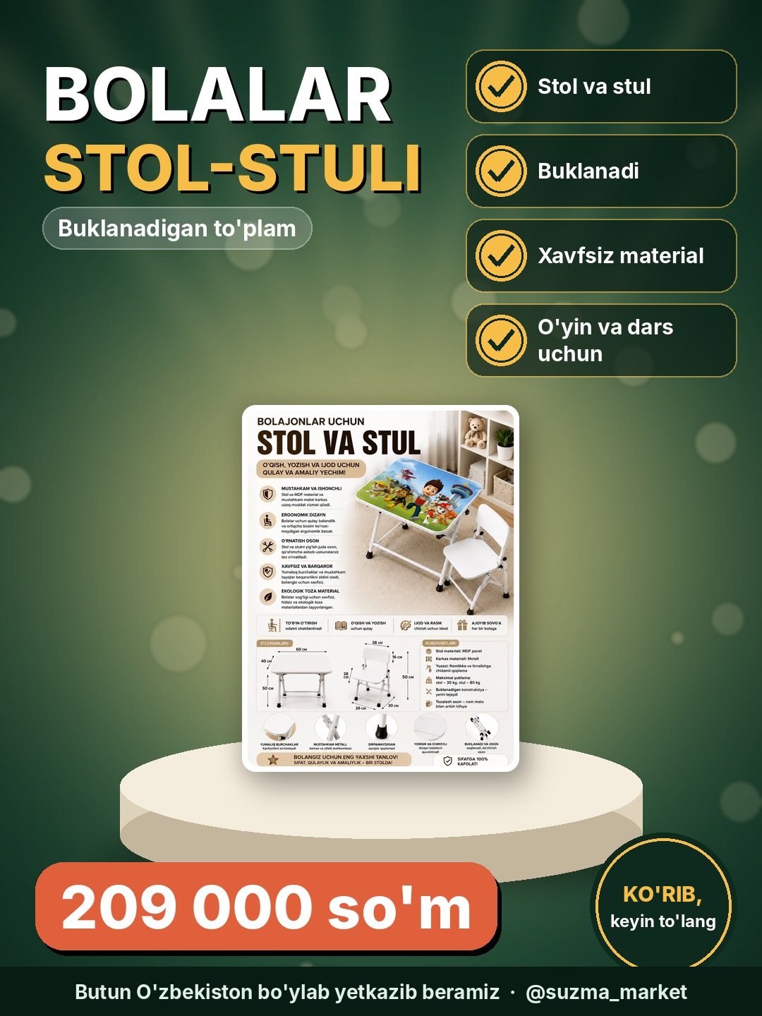 Bolajonlar uchun buklanadigan stol va stul to‘plami