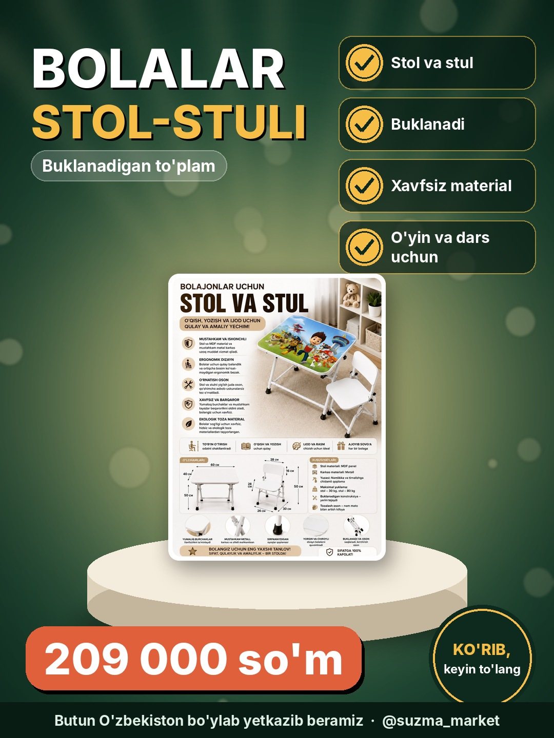 Bolajonlar uchun buklanadigan stol va stul to‘plami